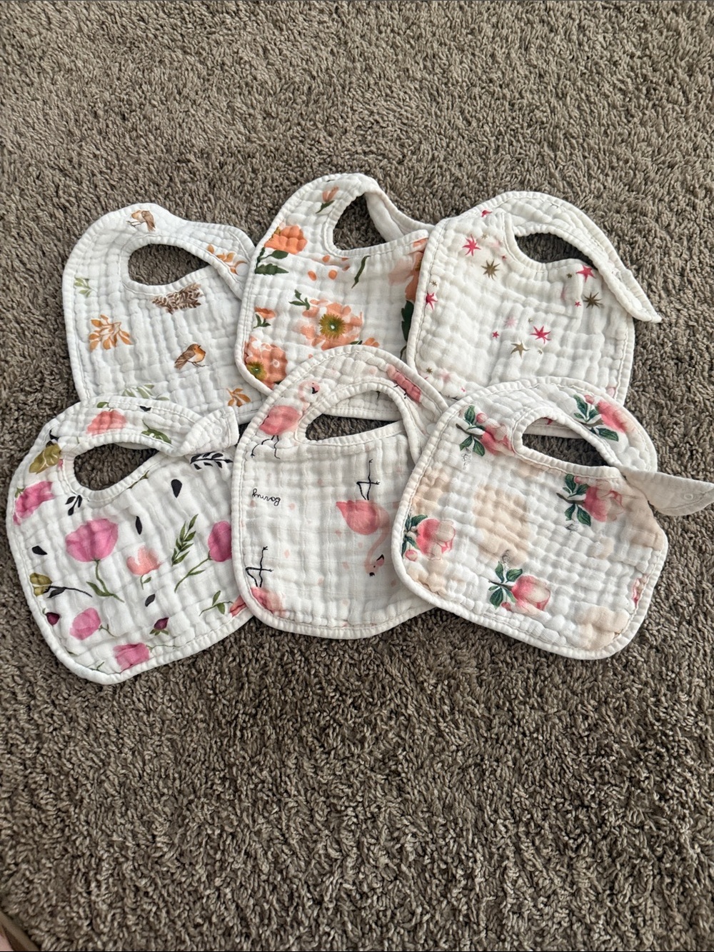 Baby Muslin Floral Bibs - Soft White and Pink (Set of 6)